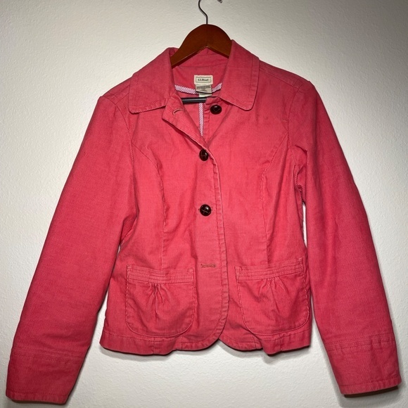 Ladies LL Bean Size 8 Petite Pink Corduroy Button Up Jacket Sleeves Embroidered. - Picture 1 of 10